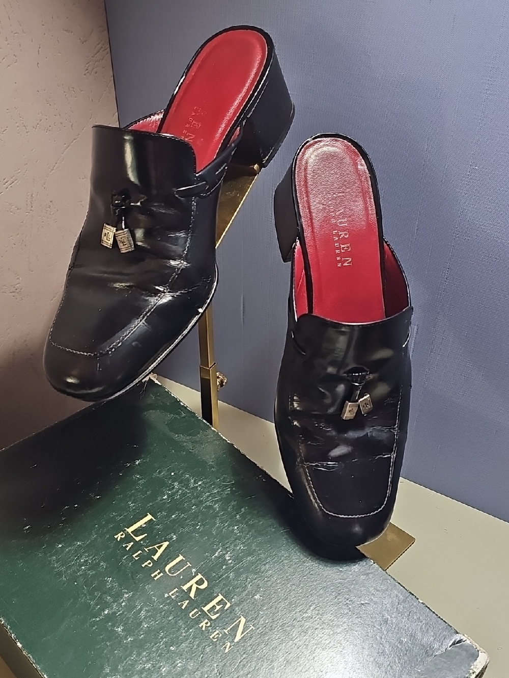 Lauren Ralph Lauren Black Leather Slip-On Mules with Red Lined Insole